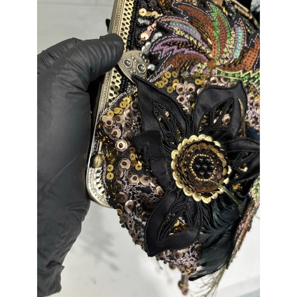 Chico's Vintage Beaded Peacock Feather Clutch Bag Sequin Fringe Y2KGlam BohoChic